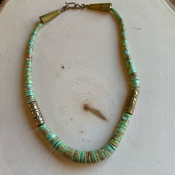 RARE_VINTAGE_Santo Domingo Tony Aguilar Sr. Brass & NATURAL Turquoise Necklace - Picture 2 of 16